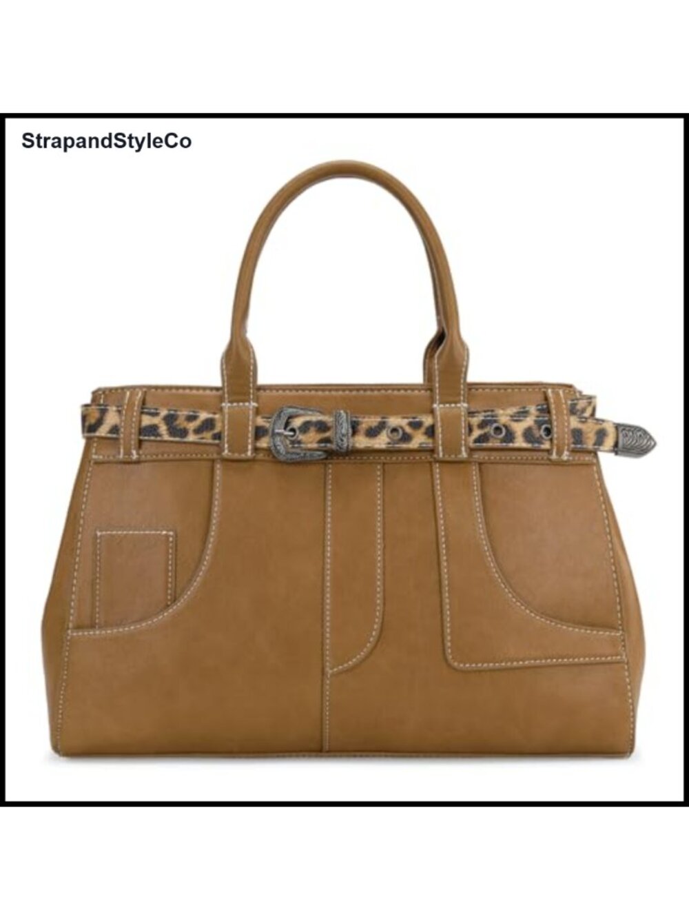 Structured Satchel Bag with Leopard Print Trim Top Handle Crossbody Purse